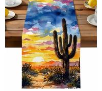 Brunt Orange Sunset Table Runner, Watercolor Cactus Plant Desert Cotton and Table Linen Runner for Kitchen Dining Home Decor for Party Festival Holiday Decoration Gift 13x36in