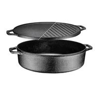 Bruntmor 3-In-1 Pre-Seasoned Cast Iron Skillets Round Deep Roasting Pan With Reversible Grill Griddle Lid, Non-Stick Open Fire Camping Kitchen Cookware, Use As Frying Pan 6.8 Quart- Black