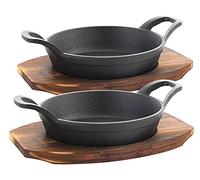 Bruntmor Mini Cast Iron Sizzler Plates Skillet Set Of 4. Round Fajita Plate With Wooden Base/Pan Tray Serving Sizzling Dish And Fajitas, Hot Steak Skillet Dish Without Sinking (2 Sets)