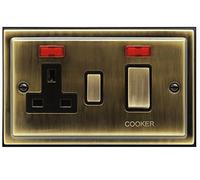 Brush Antique Brass 45A Cooker Control Switch Unit with 13amp Socket Neon Indicators BE331 KME