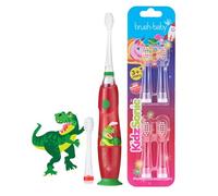 Brush-Baby - Dinosaur KidzSonic Kids Electric Toothbrush, 3+ Years - DeepClean Bristles, Suction Base - Fun Design with Flashing Disco Lights - with 4 x Replacement Heads & 1 x AAA Batteries