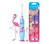 Brush-Baby - Flamingo KidzSonic Kids Electric Toothbrush, 3+ Years - DeepClean Bristles, Suction Base - Fun Design with Flashing Disco Lights - with 4 x Replacement Heads & 1 x AAA Batteries