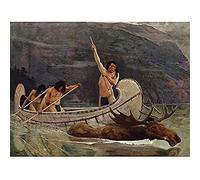 Brush The Moose Chase Hunting Native American Painting Art Print Canvas Premium Wall Decor Poster Mural