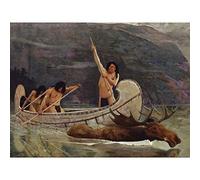 Brush The Moose Chase Hunting Native American Painting Large Wall Art Print Canvas Premium Mural