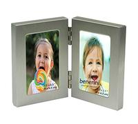 Brushed Aluminium Satin Silver Colour - MINIATURE Twin 2 Picture Vertical Double Folding Photo Frame - Takes 2 Photos of 1.5 x 2.5 Inches (4 x 6.5 cm) (Portrait Style)