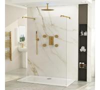 Brushed Brass 1200mm Wet Room Walk in Shower Screen with 8mm Clear Easy Clean Safety Tempered Glass Panel & + 2 Brushed Brass Stainless Steel Support Arms Shower Enclosure Cubicle 1850mm Height