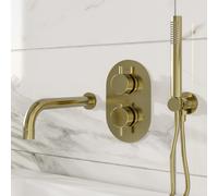 Brushed Brass 2 Outlet Thermostatic Bath Mixer Shower Set With Hand Shower and Bath Filler Spout - Arissa