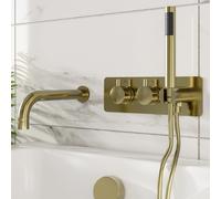 Brushed Brass 2 Outlet Wall Mounted Thermostatic Bath Mixer Shower Set With Hand Shower & Bath Filler Spout - Arissa
