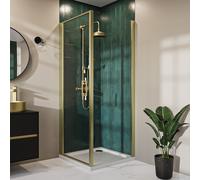 Brushed Brass 8mm Glass Square Hinged Shower Enclosure 900mm - Pavo