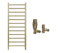 Brushed Brass Bathroom Straight Heated Towel Rail Radiator 500 x 1200 & Angled Thermostatic Valves
