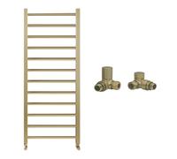 Brushed Brass Bathroom Straight Heated Towel Rail Radiator 500 x 1200 & Corner Manual Valves