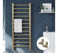 Brushed Brass Bathroom Straight Heated Towel Rail Radiator 500 x 1600 & Angled Manual Valves