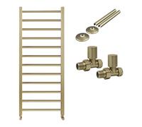 Brushed Brass Bathroom Straight Heated Towel Rail Radiator 500 x 1600 Straight Manual Valves with Pipe Covers & Collars