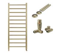 Brushed Brass Bathroom Straight Heated Towel Rail Radiator 500 x 800 Dual Fuel Thermostatic Valves with Pipe Covers & Collars