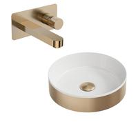 Brushed Brass Fluted Countertop Basin & Wall-Mounted Mixer Tap Set with Waste