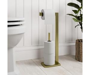 Brushed Brass Freestanding Toilet Roll Holder Modern Square Design, Premium Stainless Steel Bathroom Tissue Stand with Spare Roll Storage, Floor Standing Toilet Paper Holder for Contemporary Bathrooms