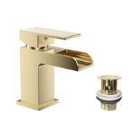 (Brushed Brass) Kelvin Square Waterfall Mono Basin Mixer Tap with Waste