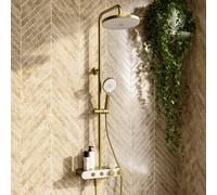 Brushed Brass Round Thermostatic 3 Outlet Mixer Shower Set with Bath Filler Spout Push Buttons and Shelf- Mika