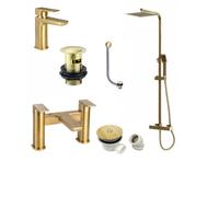 Brushed Brass | Square Shower Kit Rigid Riser Over Head Rainfall | Brushed Brass Bath Filler and Basin Mixer | Tap and Shower Pack Complete | Includes All Wastes