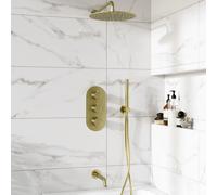 Brushed Brass Triple Outlet Wall Mounted Thermostatic Mixer Shower Set With Hand Shower and Bath Filler Spout - Arissa