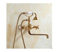 Brushed Brass Tub Faucet,Wall Mount Tub Filler, Double Handle Bath Shower Mixer Tap, Retro Tub Shower Faucet Set with Handheld Shower and 59 Inch Hose (Type1)