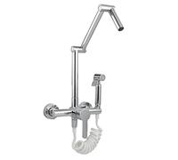 Brushed Brass Wall Mount Pot Filler Faucet with Sprayer - Modern Single Handle Kitchen Sink Mixer Tap Retractable Design & 3 Swing Arms for Effortless Culinary Convenience