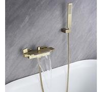 Brushed Brass Wall Mounted Bath Waterfall Faucet with Wide Spout, Anti-Rust Design for Bathtub, Modern Bathroom Sink Tap, ry Waterfall Spout