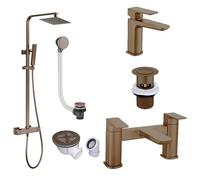 Brushed Bronze | Square Shower Kit Rigid Riser Over Head Rainfall | Brushed Bronze Bath Filler and Basin Mixer | Tap and Shower Pack Complete | Includes All Wastes