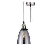 Brushed Chrome & Smoked Conical Tulip Glass Vintage Retro Pendant Ceiling Light | 14cm Diameter | Silver Braided Cable | 1 x ES E27 Lamp Bulb Required | 240 Volts | Bedroom - Lounge - Kitchen