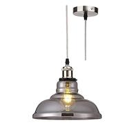 Brushed Chrome & Smoked Tapered Dome Glass Vintage Retro Pendant Ceiling Light | 28cm Diameter | Silver Braided Cable | 1 x ES E27 Lamp Bulb Required | 240 Volts | Bedroom - Lounge - Kitchen