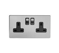 Brushed Chrome Socket with Black Insert - Screwless Faceplate (Black Insert, 2 Gang Double Plug Socket)
