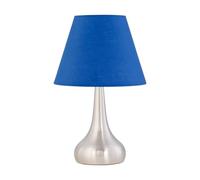 Brushed Chrome Touch Operated Table Lamp or Bedside Light, Modern Design, Height 33cm, Royal Blue Shade, LED Compatible