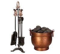 Brushed Copper Fireside Accessory Set Recycled Iron Hand Hammered Coal Scuttle Bucket & 4pc Companion Tool Set Vintage Style Hearth Tidy (AN01)