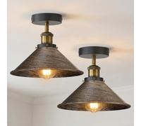 Brushed Copper Semi Flush Ceiling Light 22cm Metal Cone Shade 2 Pack | E27 vintage close to ceiling light fittings with bulbs hardwired easy fit industrial for kitchen bedroom hallway living room