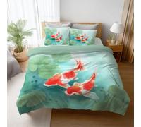 Brushed Duvet Cover King Size 230 x 220 cm, Soft and Lightweight Duvet Cover Set for A Wonderful Winter, Soft Mint Bedding Set with 4 Corner Ties Animals Ink Painting Koi
