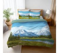 Brushed Duvet Cover Queen Size 230 x 230 cm, Soft and Lightweight Duvet Cover Set for A Wonderful Winter, Sky Blue Bedding Set with 4 Corner Ties Illustration Snowy Mountain Woods Lake