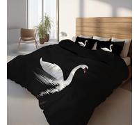 Brushed Duvet Cover Single Size 135 x 200 cm, Soft and Lightweight Duvet Cover Set for A Wonderful Winter, Black Bedding Set with 4 Corner Ties Minimalist White Swan Reflection