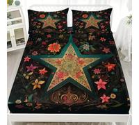 Brushed Fitted Sheet Single 36x75 inch, Abstract Art Floral Five-Pointed Star Fitted Sheets set for Child, All Around Elastic Deep Pocket 12" - Black Soft Bedding Wrinkle Fade&Stain Resistant