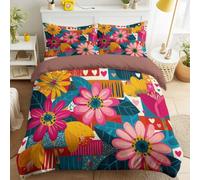 Brushed Folk Art Floral Double Duvet Set, Premium Hotel Quality Bedding Set, Flower Geometric Colour Block Wild Quilt Cover, Soft & Breathable Terracotta Duvet Cover