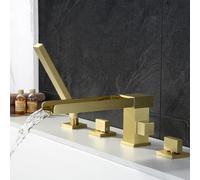 Brushed Gold 360° Swivel Tub Faucet Modern 2-Handle 4-Hole Waterfall Design Bridge Mount Bathroom Mixer Tap Luxury Brass Bath Mixer for Elegant Bathrooms