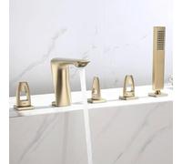 Brushed Gold 5-Hole Bathtub Faucet Set with Handheld Shower Hot & Cold Water 3-Handle Brass Diverter Bathtub Rim Integration Luxury Bathroom Upgrade