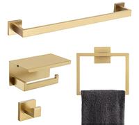 Brushed Gold Bathroom Towel Bar Holder Sets Premium Stainless Steel 4-Piece Bathroom Hardware Set Wall Mounted Bathroom Toilet Paper Holder with Shelf Set.