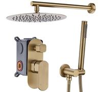 Brushed Gold Brass Shower Set, Concealed Mixer Valve System, Bathroom 12 Inch Rainfall Shower Head Round Handheld 2 Function Kit