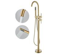 Brushed Gold Freestanding Bathtub Faucet with Hand Shower Tub Filler Faucet Floor Mounted High Flow Single Handle Bath Filler Solid Brass