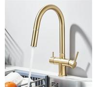 Brushed Gold Kitchen Faucet Dual Handle Pull Down Water Mixer Flexible Hose Hot & Cold Water Purification Tap for Modern Home Décor