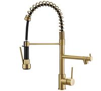 Brushed Gold Kitchen Faucet with Pull Down Sprayer, AIMADI Commercial Gold Kitchen Sink Faucet Single Handle Spring Two Nozzles Faucets