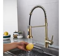 Brushed Gold Kitchen Faucet with Pull Down Sprayer Single Handle Swivel Spout 2 Spray Modes Spring Design for Easy Use and Modern Style.
