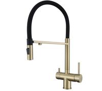 Brushed Gold Kitchen Sink Mixer Tap with Filtered Drinking Water spout, Dual Function snap-on Magnetic Pull Out Sprayer Stream spout, Lever Control for Water Filtration & Softeners System