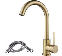Brushed Gold Kitchen Tap, Swan Neck Single Lever Kitchen Sink Mixer Taps with Swivel Spout and Hoses, NewEast Monobloc Tap