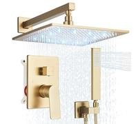 Brushed Gold Rain Shower System with 12 Inch LED Shower Head and Brass Handheld with Brass Valve and Trim Kit Shower Faucets Sets Complete